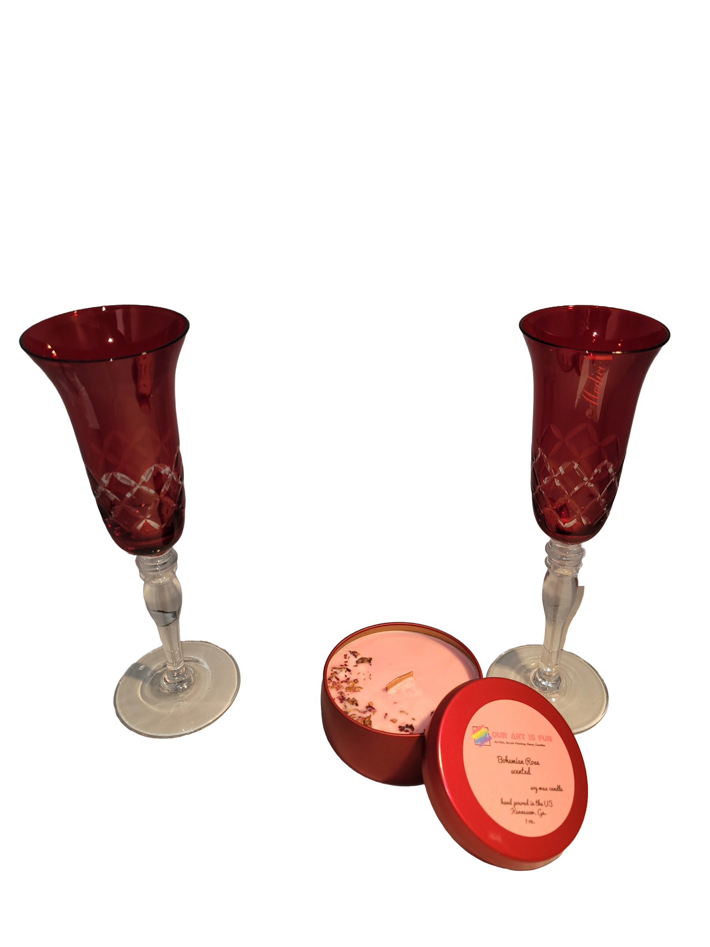 Red Glassware and Red Candle with Gemstones